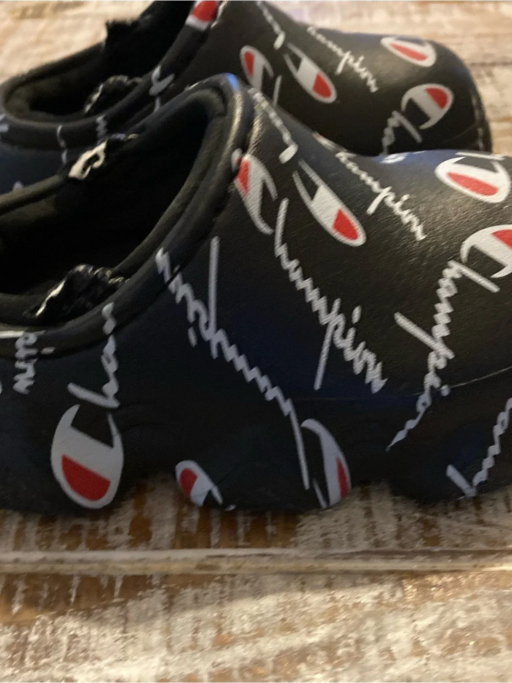 Champion Kids Black Slip-On Clogs with Red & White Logo